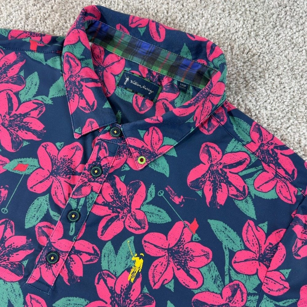 William Murray Golf Polo Shirt Men's Sz L Navy Pink Floral Hibiscus Performance